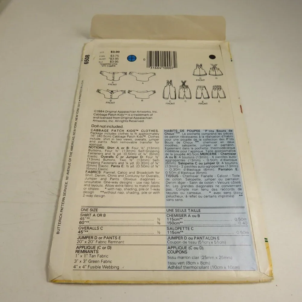 Butterick 6508 Cabbage Patch Kids Doll Clothes Patterns (Complete) 1980s